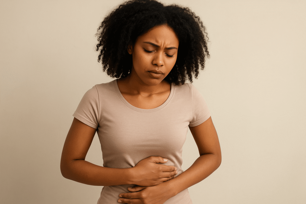 Woman holding her lower abdomen, showing signs of pelvic pain, a common symptom of fibroids