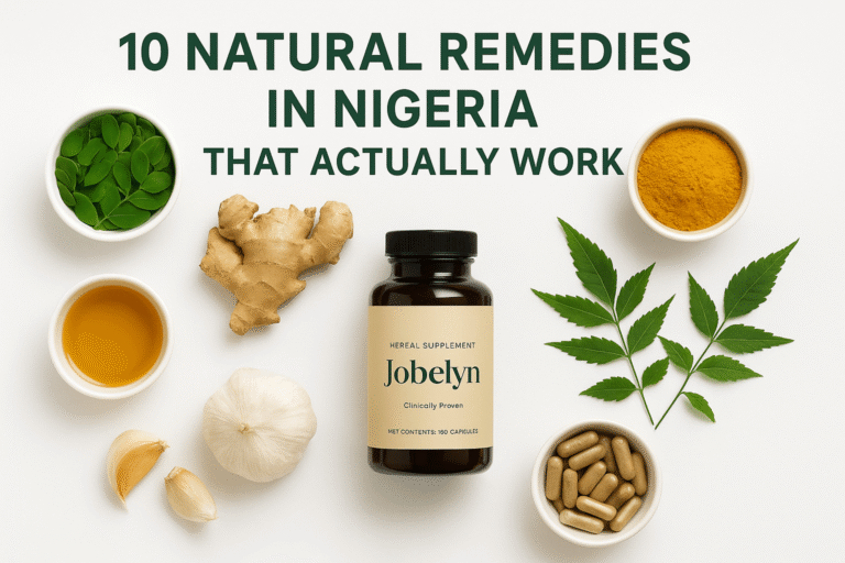 Natural remedies in Nigeria featuring Jobelyn, moringa, ginger, turmeric, and other herbs for everyday health.